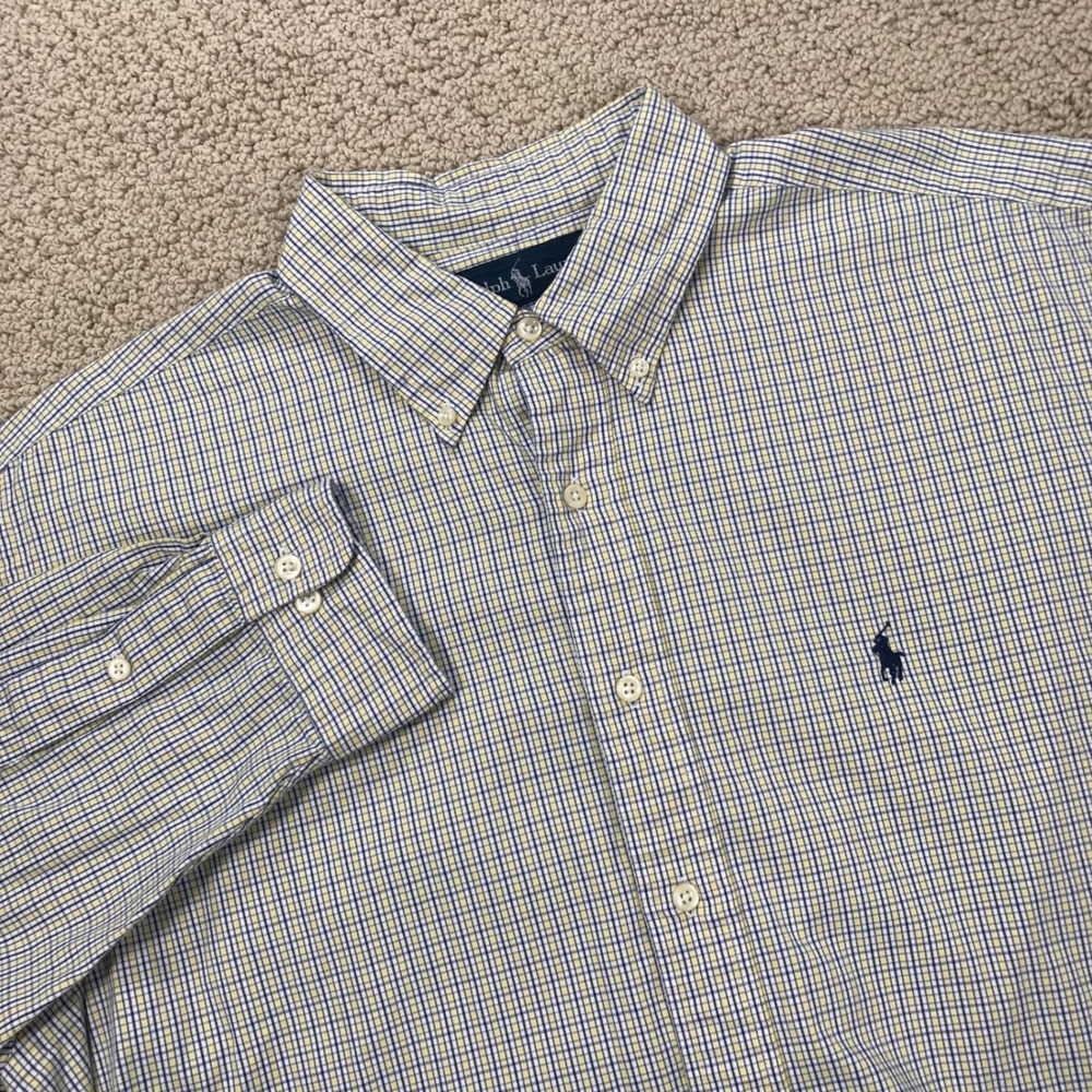 Ralph Lauren Yarmouth Mens 16.5 36/37 Blue Yellow Plaid Pinpoint Oxford Shirt